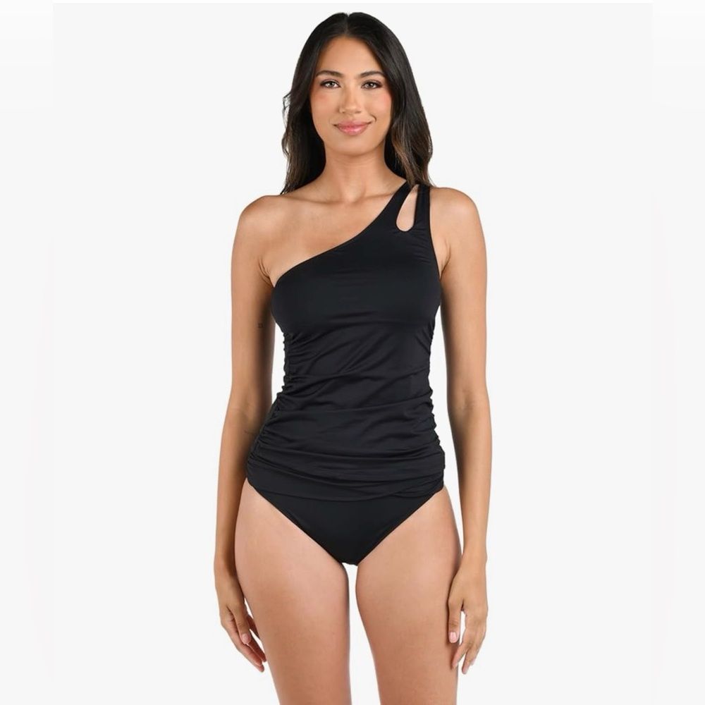 La Blanca Island Goddess One Shoulder Keyhole Tankini Swimsuit Top Black 10 Nwt